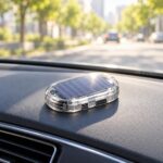 Clear oval solar-powered light on a car dashboard, with a blurred tree-lined street through the windshield.