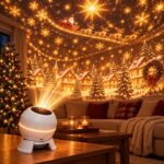 A white projector on a table casts a snowy Christmas village and Santa's sleigh onto a living room ceiling.