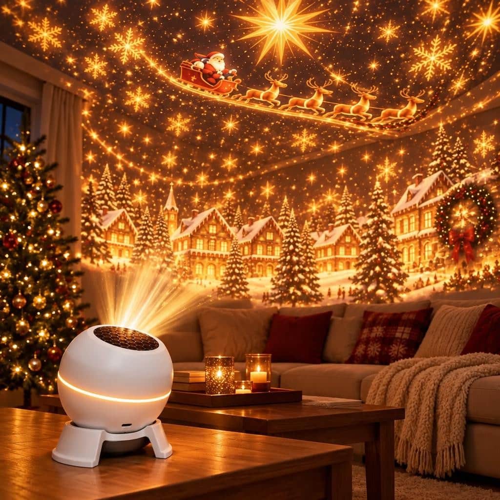 A white projector on a table casts a snowy Christmas village and Santa's sleigh onto a living room ceiling.