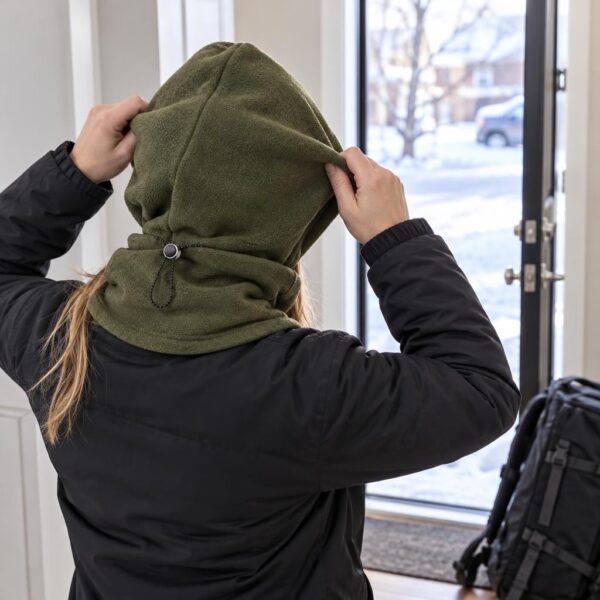 A woman in a black jacket pulls up an olive green fleece hood with a cord toggle at the neck, standing by a window in winter.